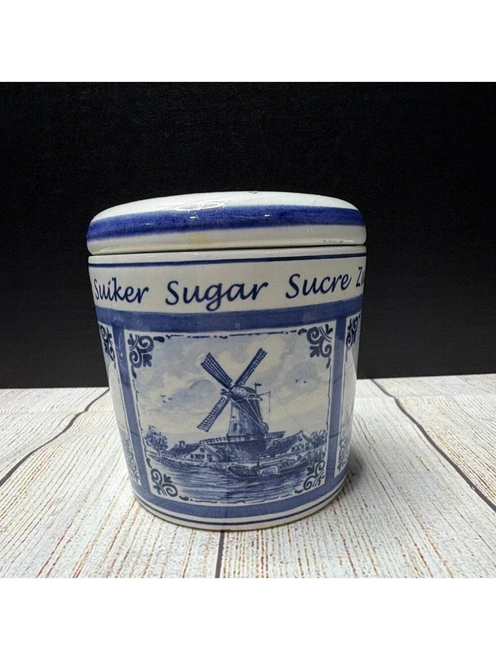 Delfts Blue Delfino Ceramic Sugar Canister Jar w/ Lift-Off Lid Floral